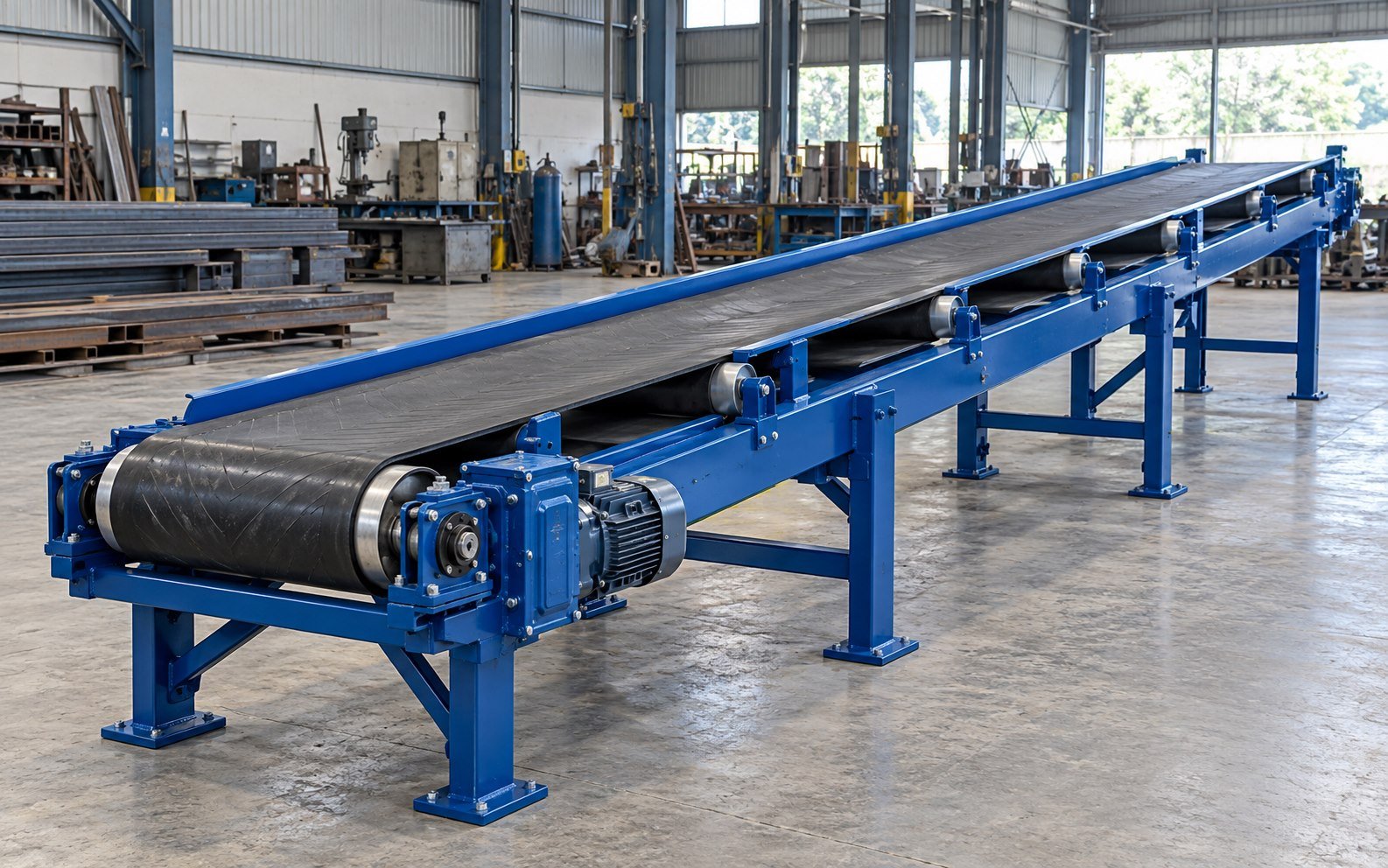 Belt conveyor rangka baja biru di lingkungan workshop industri