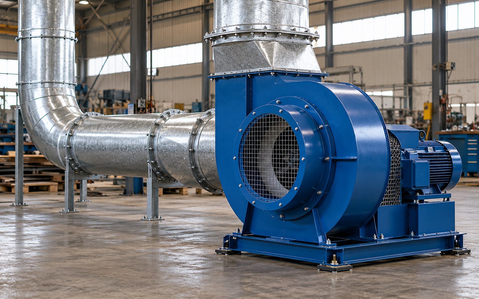 Blower sentrifugal biru dan saluran ducting logam