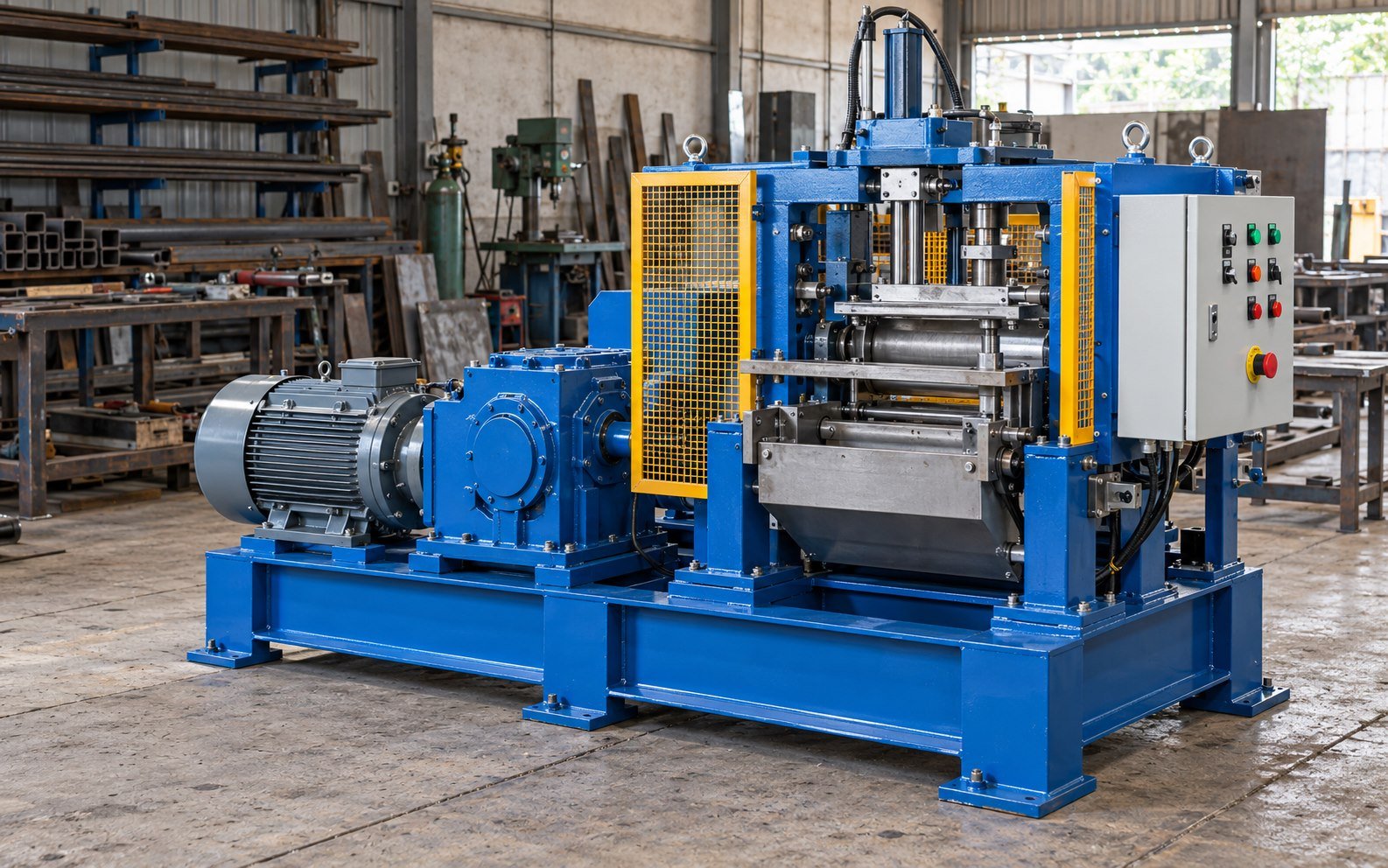 Mesin industri fabrikasi rangka baja biru di workshop