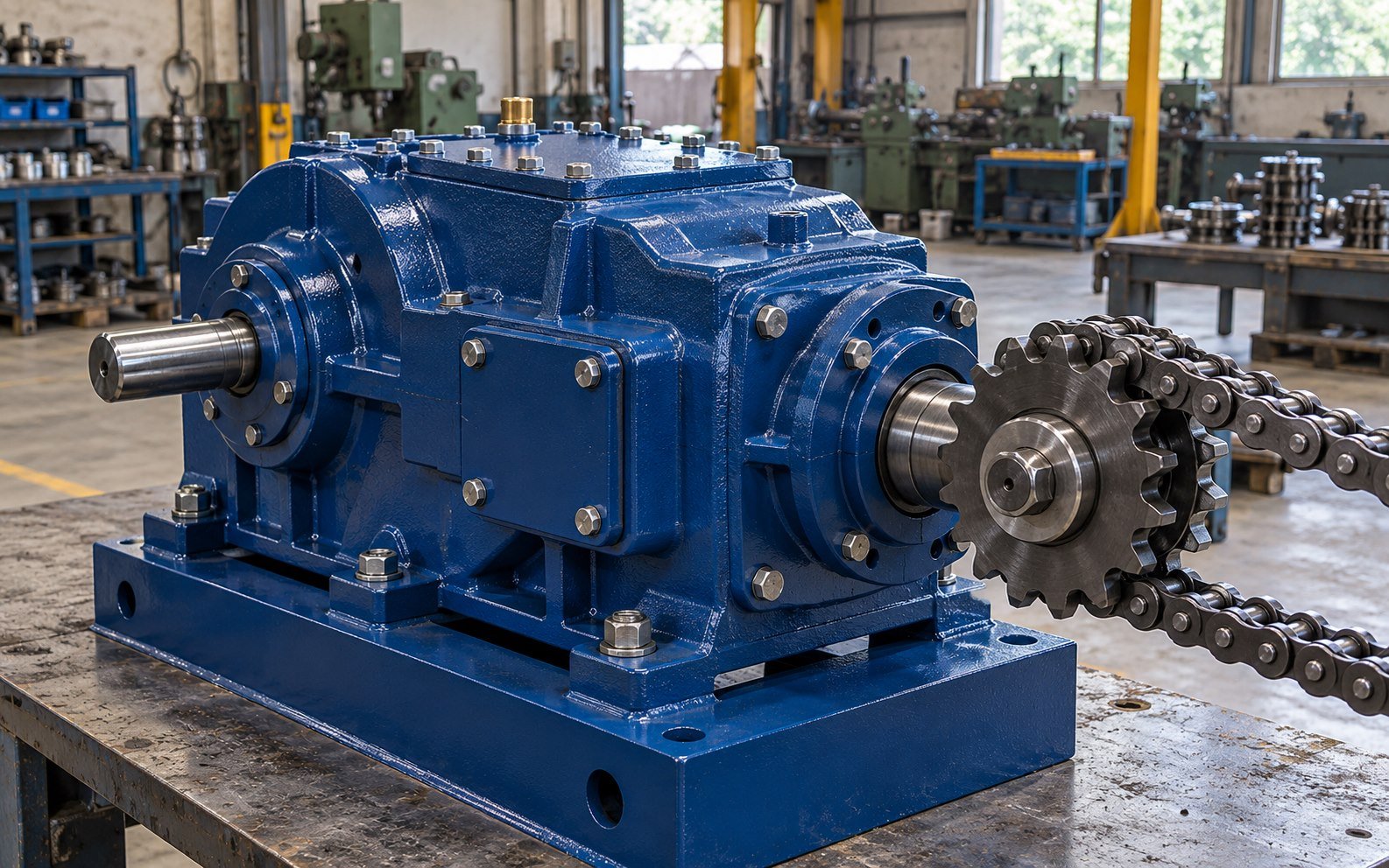 Gearbox industri biru dengan poros dan sprocket